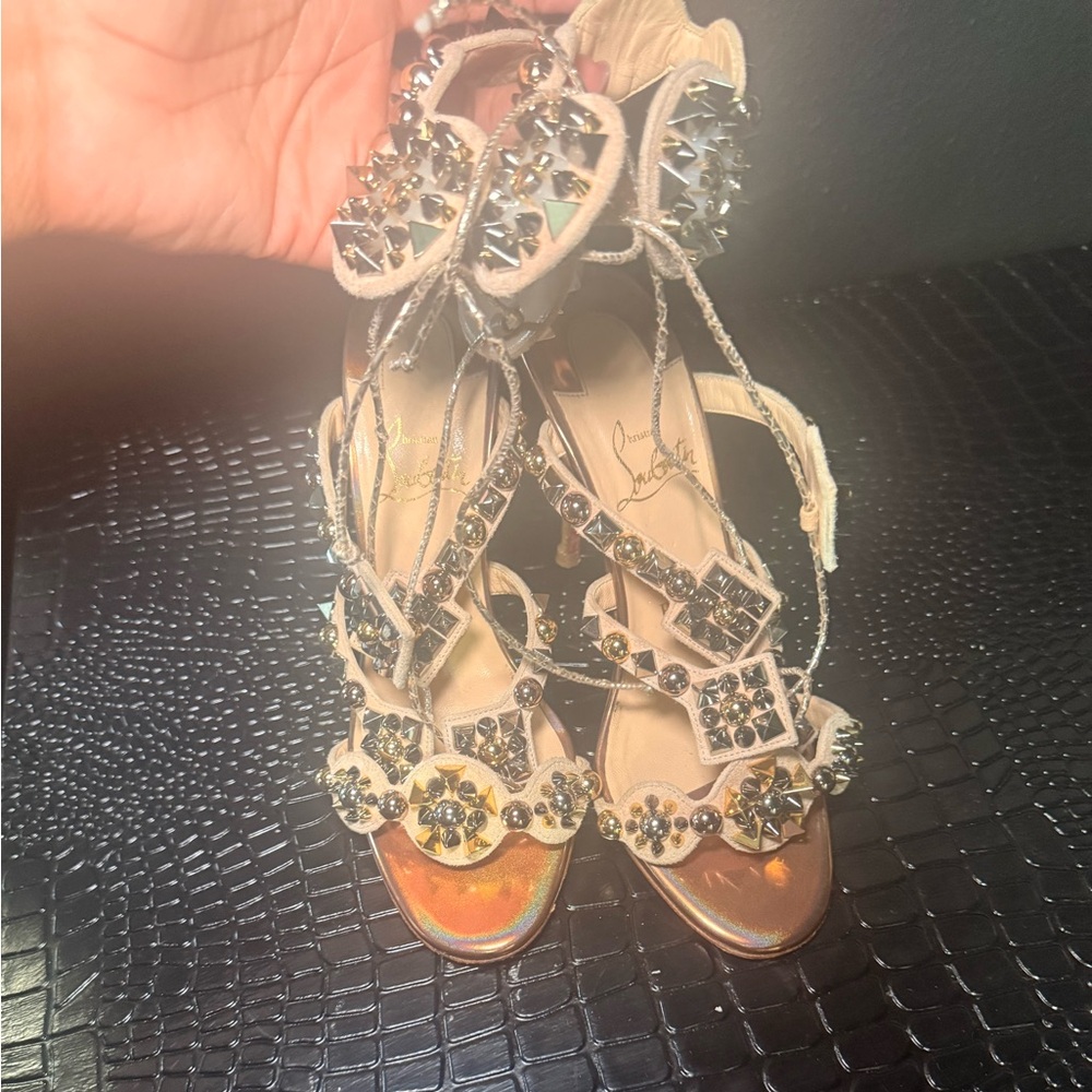 Christian Louboutin Nude Crystal & Stud Embellished Strappy Sandals